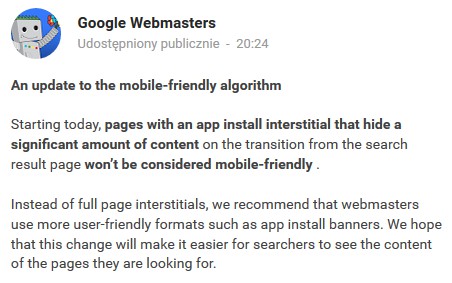 Informacja z profilu Google Webmasters