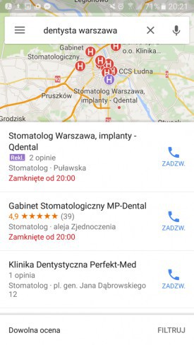 Reklamy w Google maps, wyniki mobilne